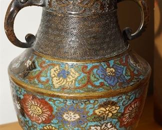 Semi-antique cloisonne vase with dragon head handles