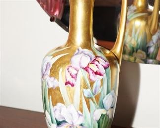 Jean Pouyat (France) gold gilt painted floral vase with handle