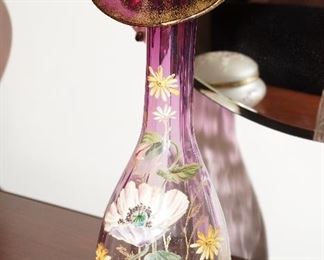 Antique hand painted Jack in the pulpit floral glass vase