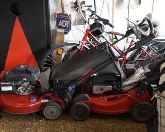 Toro gas lawn mower and Snapper rechargeable battery law mower.  Vintage Schwinn 3 speed bike. 