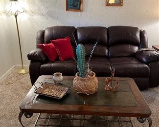 Coffee table has matching end table, La Z Boy leather reclining sofa, decor
