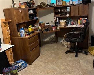 Corner office desk, office chair and lots of office items