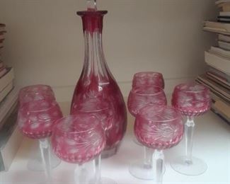 Cranberry decanter and stemware