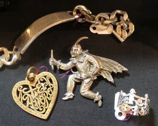 Sterling ID bracelet, brooch, James Avery ring. Bronze James Avery heart