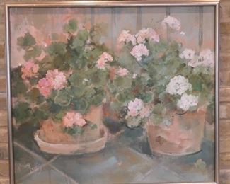 Pink geraniums signed M Lewis
