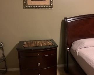 Queen bed set with bed, 2 nightstands & dresser mirror with black granite tops - at offsite warehouse