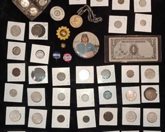 Various US and foreign coins, early 1800's and civil war tokens and political buttons