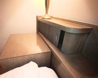 Close up of MCM American Martinsville bed frame sliding drawer cubby.