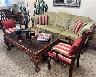 Green sofa $180, Mirror $40, Coffee table $200, Stripe chairs $100ea 