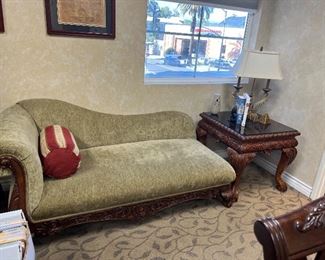 Fainting chair $250, single end table $100, set of lamps $25ea