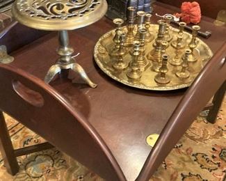 Antique butler's tray table; brass décor