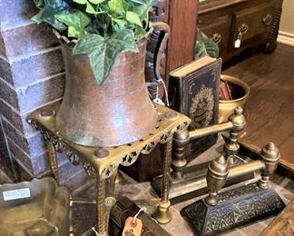 Copper pitcher; antique brass fire dogs