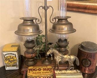 Vintage lamp; antique tins