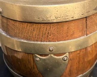 Vintage English oak and brass biscuit barrel