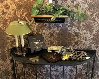 Black demilune table; vintage black & gold tole wall lavabo