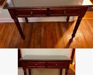 PRE-SALE Great Dark Bamboo Style Console Table / Desk w Glass Top, 2 Drawers is 39 inches long by 19 inches deep by 31 inches tall. $150