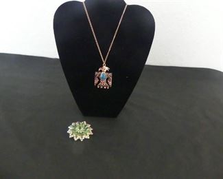 Native American Turquoise/Copper Thunderbird Necklace with Jeweled Pin