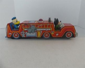 Vintage Disney Masudaya Mickey Mouse & Donald Duck Tin Fire Engine