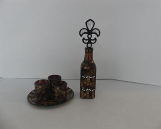 Mosaic Glass Cocktail Set - includes Decanter with Fleur de Lis Stopper, 3 Cups & Tray/Hors d'Oeuvres Plate