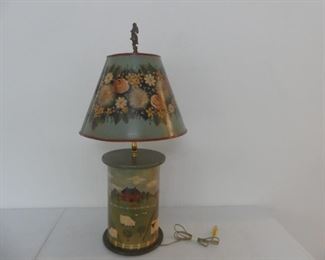 Hand Painted Wooden Lamp with Metal Shade - Tested, It Works