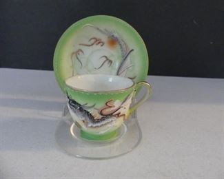 Vintage Fairyland China from Japan Moriage Green Dragon Demitasse Cup & Saucer Set