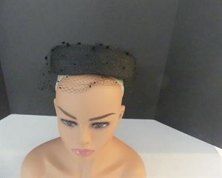 Vintage 1950s Black Pillbox Hat with Netting & Grossgrain Ribbon Bow