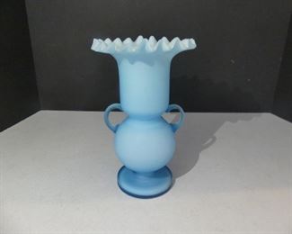 Vintage Fenton Blue Cased Satin Glass Urn with Applied Handles