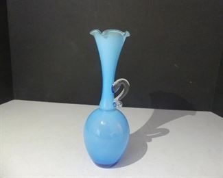 Vintage Fenton Blue Glass White Cased Ruffle Rim Vase with Applied Clear Handle