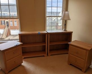 Two light wood Night Stands, Two short Book shelves, One not pictured 4 shelf book shelf same color.