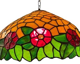Old Stained Glass Hanging Pendant Lamp, Floral Design
