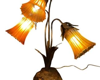 Vintage Bronze Three Light Lily Table Lamp w/ Gold Aurene Shades
