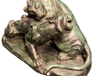 Bronze Sculpture of Panthers Fighting
