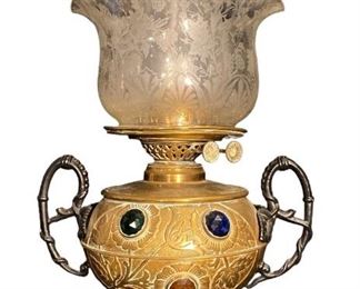 M.B. Co Art Nouveau Jeweled Brass Double Wick Kerosene Lamp

