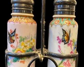 Exceptional 19th C Hand Painted Milk Glass Condiment Set
