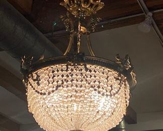 French Louis XVI Bronze & Crystal Basket Chandelier

