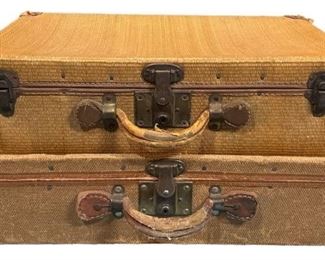 YELLOWSTONE Pair of Antique Wicker and Leather Trimmed Travel Suitcases
