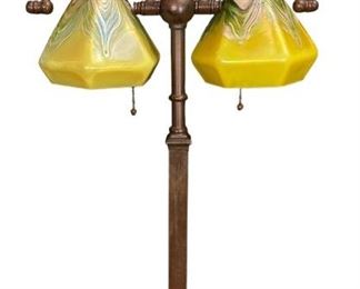 19th C. HANDEL Brass Student Lamp STUEBEN? Feather Shade Lamp
