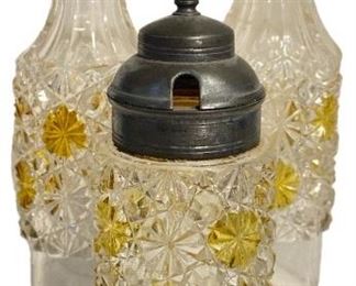 Vintage EAPG HOBBS BROCKUNIER Daisy and Button Amber Stained Three Bottle Caster Set
