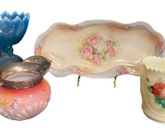 Four Victorian Floral Hand Painted Glass Articles FENTON, ROYAL RUDOLSTADT
