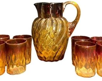Vintage Swirled Amberina Art Glass Lemonade Set
