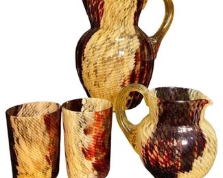 Vintage EAPG Tortoiseshell Art Glass Pitchers and Cups
