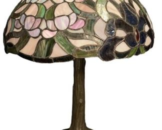 Vintage Pink Lilac Stained Glass Lamp on Tree Trunk Base
