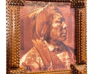 Sgd. POPS CASEY Tramp Art Photograph of Native American Man

