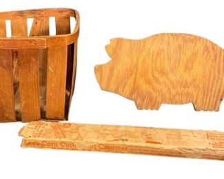 Primitive Americana Articles, Pig Cutting Board, Berry Basket
