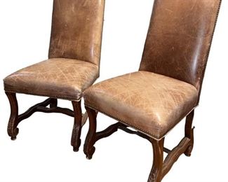 Rustic Leather Nailhead Trim Dining Chairs, Pair
