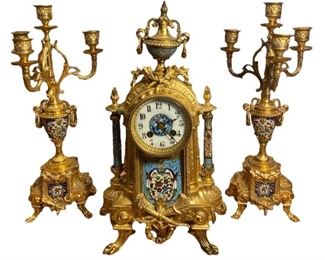 19th C Clock & Garniture Set Rococo Revival
