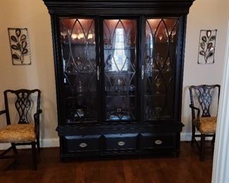 china/curio cabinet by AspenHome.  all 3 doors slide open.  69.5" wide x 19.5" deep x 83" tall