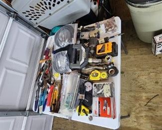 hand tools , dog kennel , rubber maid plastic shop cart new  in box , rolling shop stool in box. 