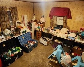 Yarn, linens, antique dolls , Christmas items , crochet blankets 