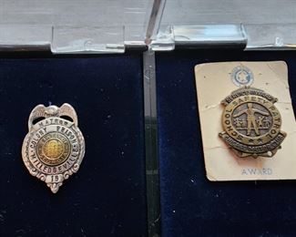 Left: Women’s Colony Prison Matron badge (1930’s). Right: Safety School Patrol Service Award presented by the Chicago Motor Club.